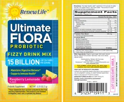 Label for Ultimate Flora 15 Billion Fizzy Drink Mix Probiotic Raspberry Lemonade Flavor