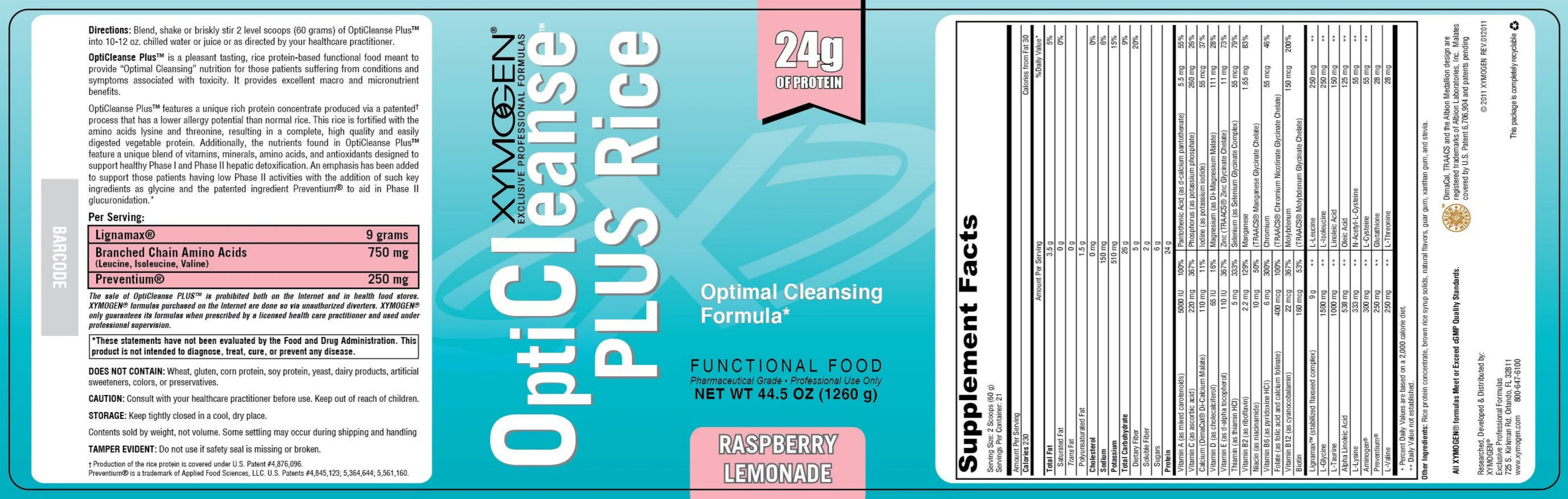 Label for OptiCleanse Plus Rice Raspberry Lemonade