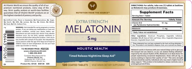 Label for Extra Strength Melatonin 5 mg