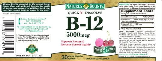 Label for B-12 5000 mcg Natural Cherry Flavor