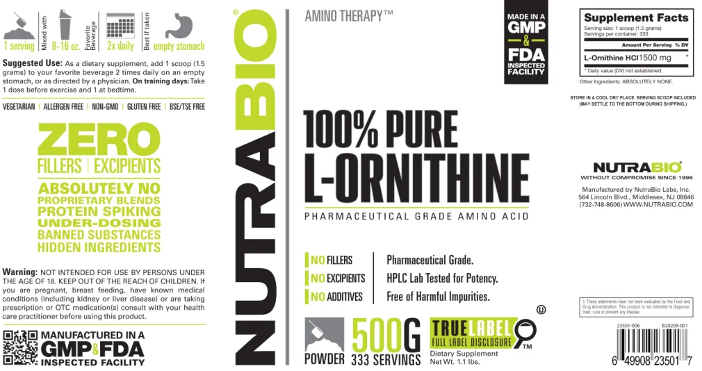 Label for 100% Pure L-Ornithine