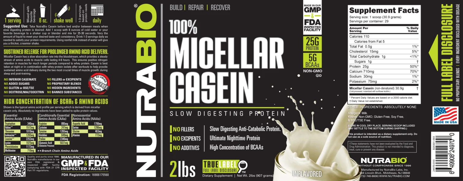 Label for 100% Micellar Casein Unflavored