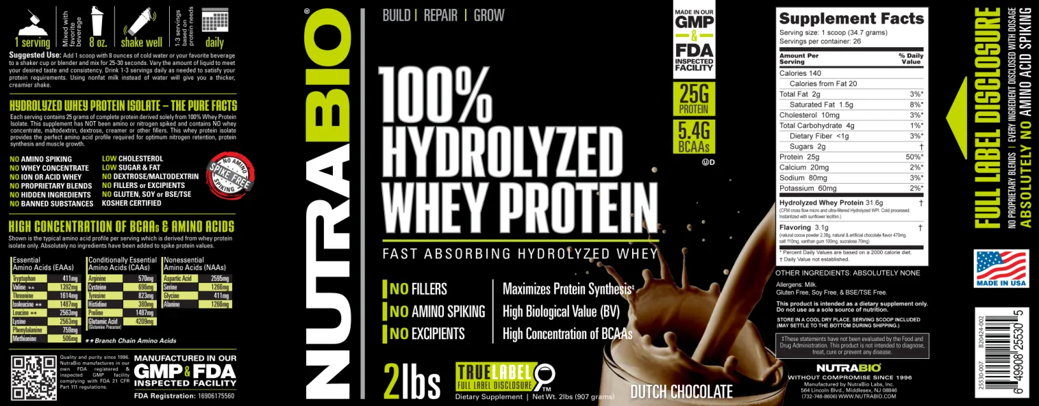 Label for 100% Hydrolyzed Whey Protein Dutch Chocolate