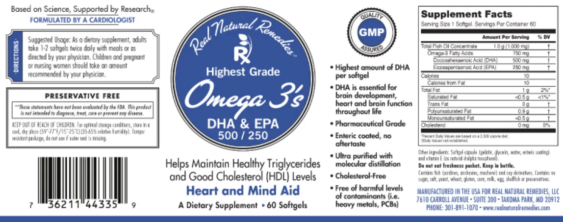 Label for Highest Grade Omega 3's DHA & EPA 500 / 250