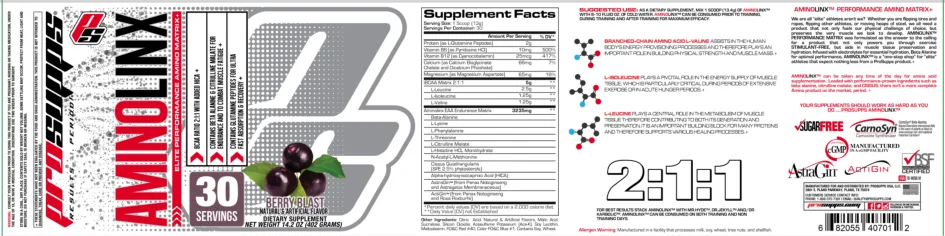 Label for AminoLinx Berry Blast
