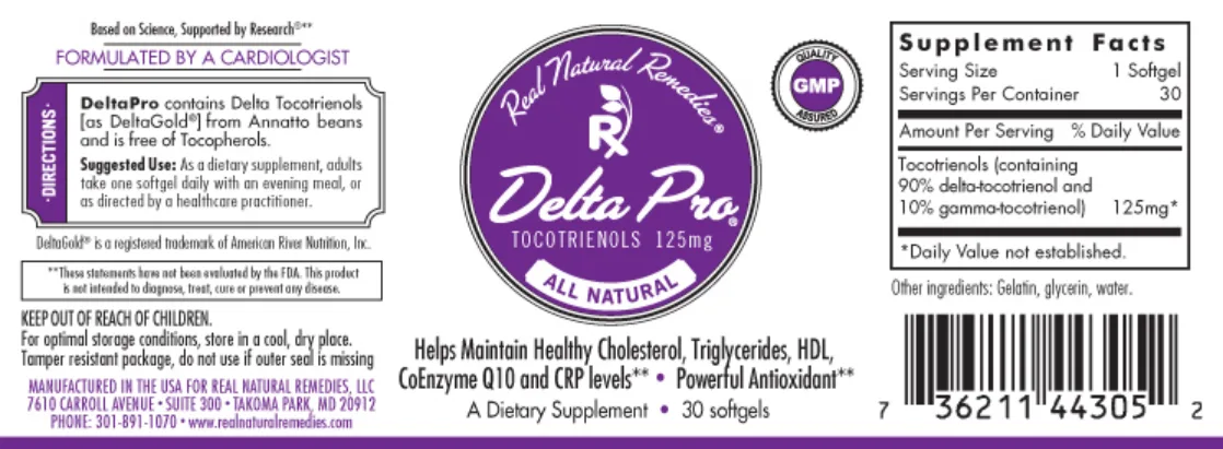 Label for Delta Pro Tocotrienols 125 mg