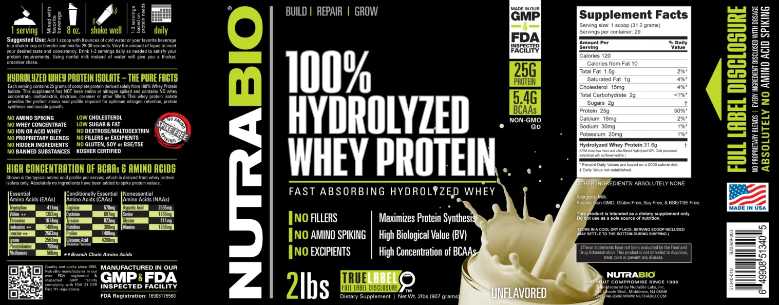 Label for 100% Hydrolyzed Whey Protein Unflavored