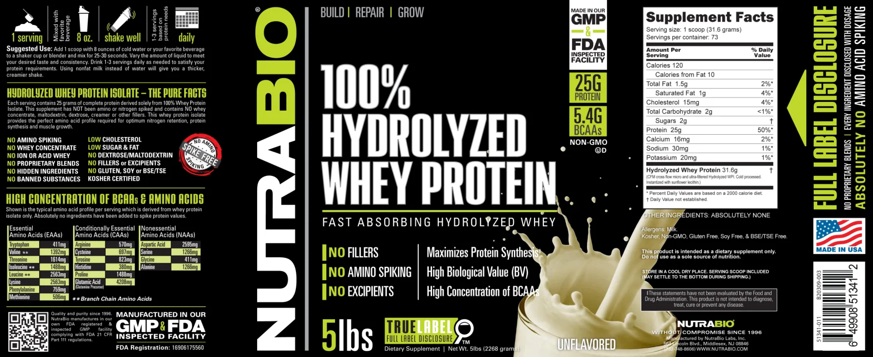 Label for 100% Hydrolyzed Whey Protein Unflavored