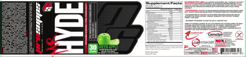 Label for Mr Hyde Intense Energy Pre Workout Green Apple