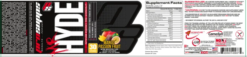 Label for Mr Hyde Intense Energy Pre Workout Mango Passion Fruit