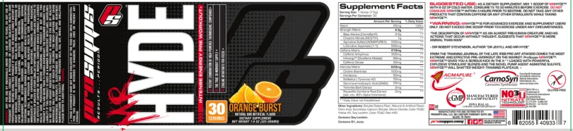 Label for Mr Hyde Intense Energy Pre Workout Orange Burst