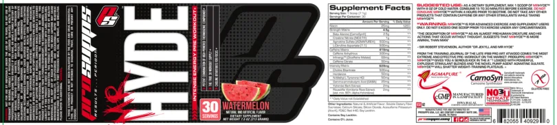 Label for Mr Hyde Intense Energy Pre Workout Watermelon