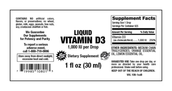 Label for Liquid Vitamin D3 1,000 IU