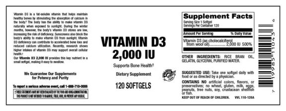 Label for Vitamin D3 2,000 IU