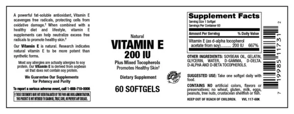 Label for Vitamin E 200 IU Plus Mixed Tocopherols