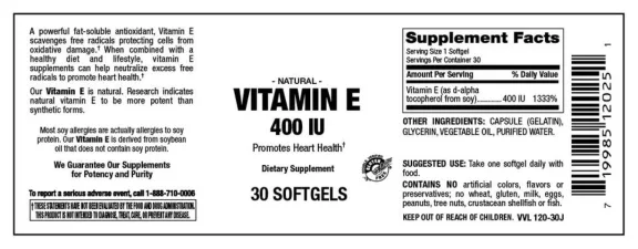 Label for Vitamin E 400 IU