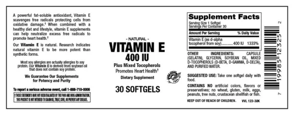 Label for Vitamin E 400 IU Plus Mixed Tocopherols