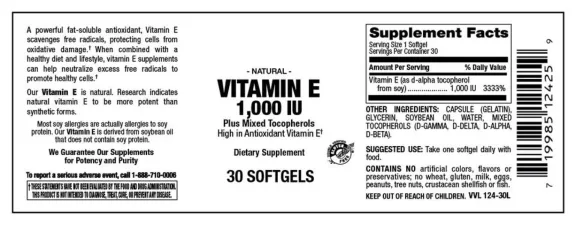 Label for Vitamin E 1,000 IU Plus Mixed Tocopherols