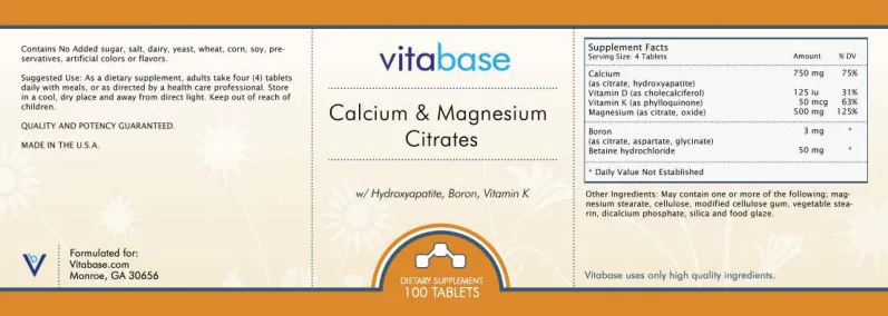 Label for Calcium & Magnesium Citrates W/ Hydroxyapatite, Boron, Vitamin K