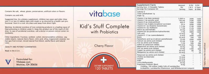 Label for Kid's Stuff Complete With Probiotics Cherry Flavor