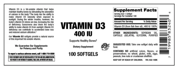 Label for Vitamin D3 400 IU