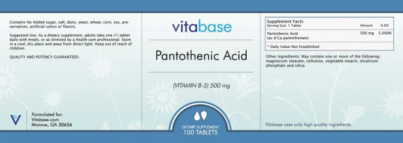 Label for Pantothenic Acid 500 mg