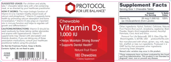 Label for Chewable Vitamin D3 1,000 IU Natural Fruit Flavor