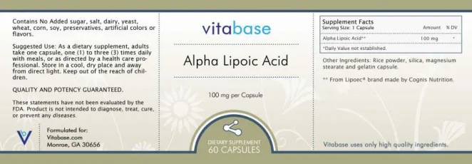 Label for Alpha Lipoic Acid 100 mg