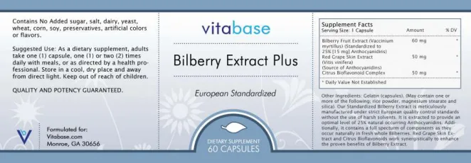 Label for Bilberry Extract Plus