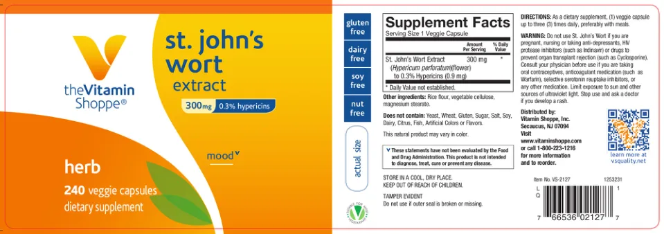 Label for St. John's Wort Extract 300 mg