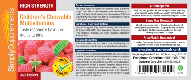 Label for High Strength Children's Chewable Multivitamins