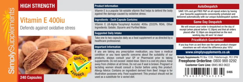 Label for High Strength Vitamin E 400 IU