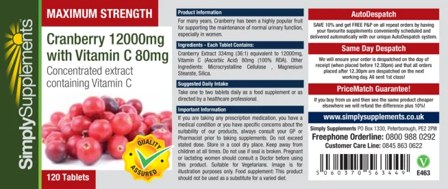 Label for Maximum Strength Cranberry 12000 mg With Vitamin C 80 mg