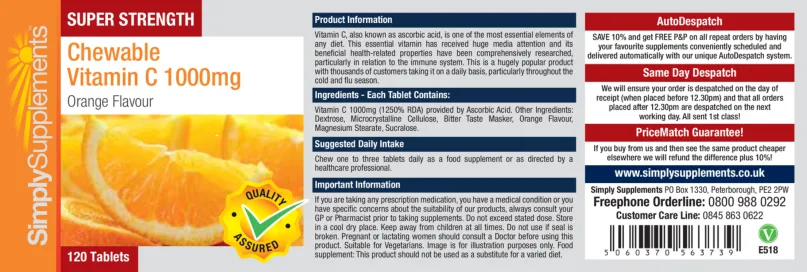 Label for Super Strength Chewable Vitamin C 1000 mg Orange Flavour