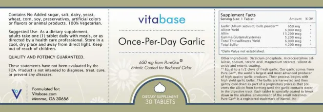 Label for Once-Per-Day Garlic 650 mg