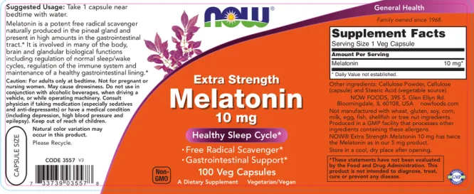 Label for Extra Strength Melatonin 10 mg
