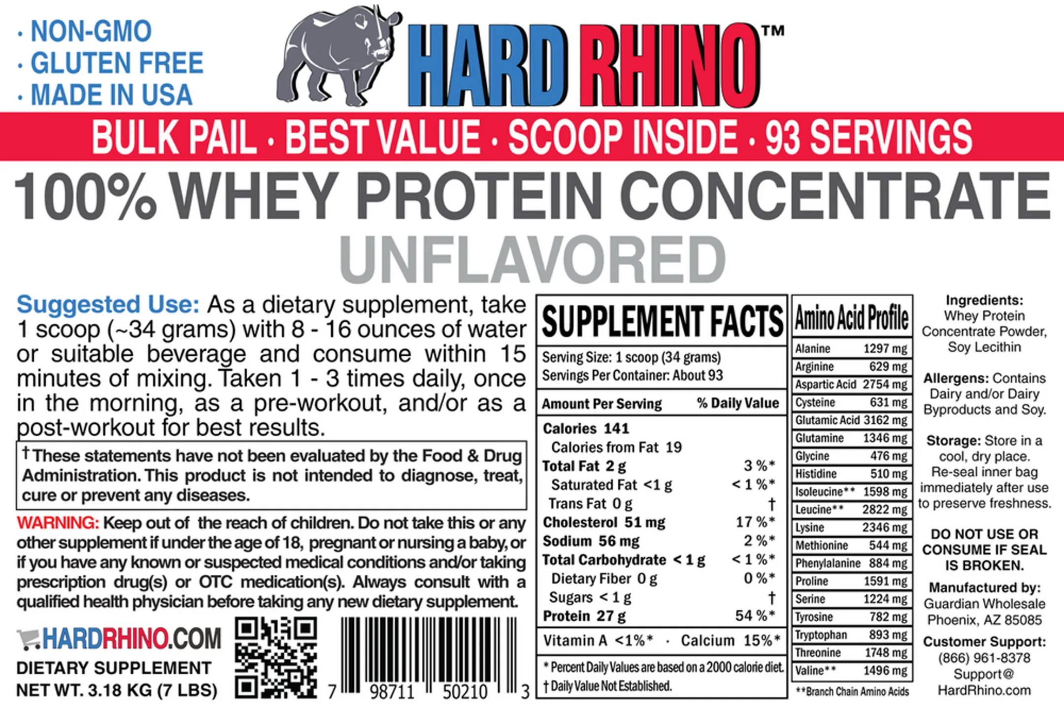 Label for 100% Whey Protein Concentrate Unflavored