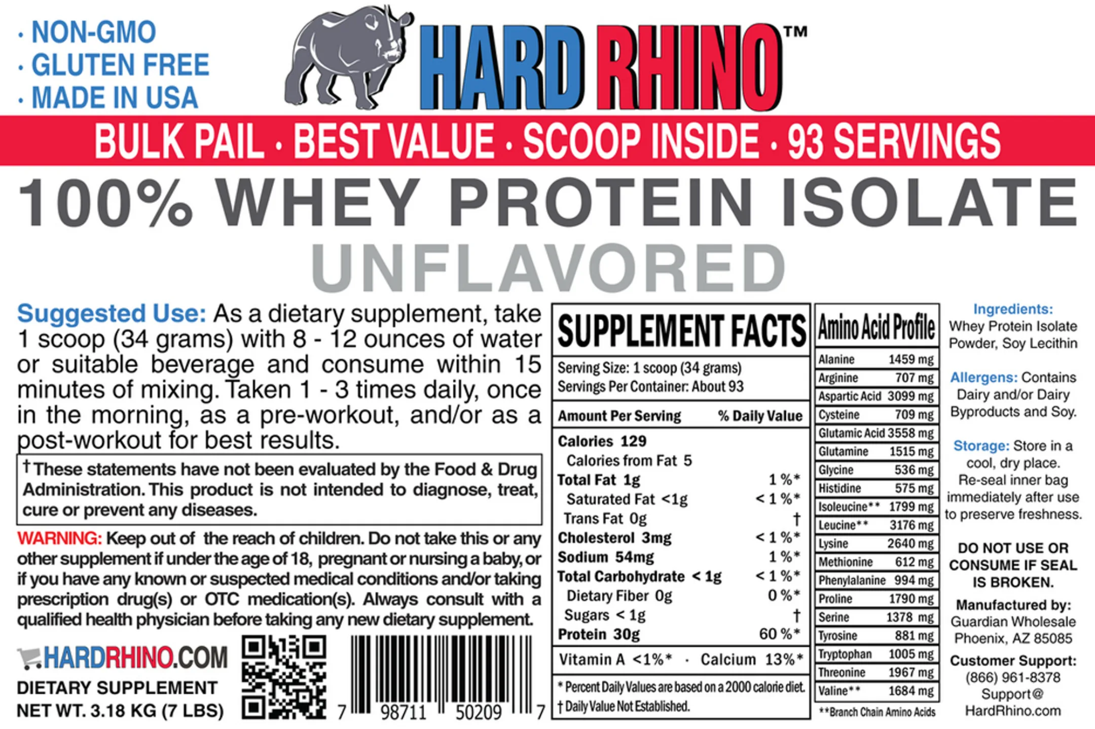 Label for 100% Whey Protein Isolate Unflavored