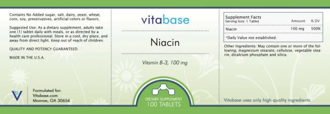 Label for Niacin Vitamin B-3, 100 mg