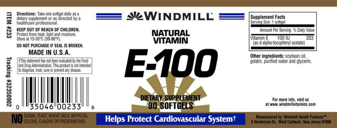 Label for Natural Vitamin E-100