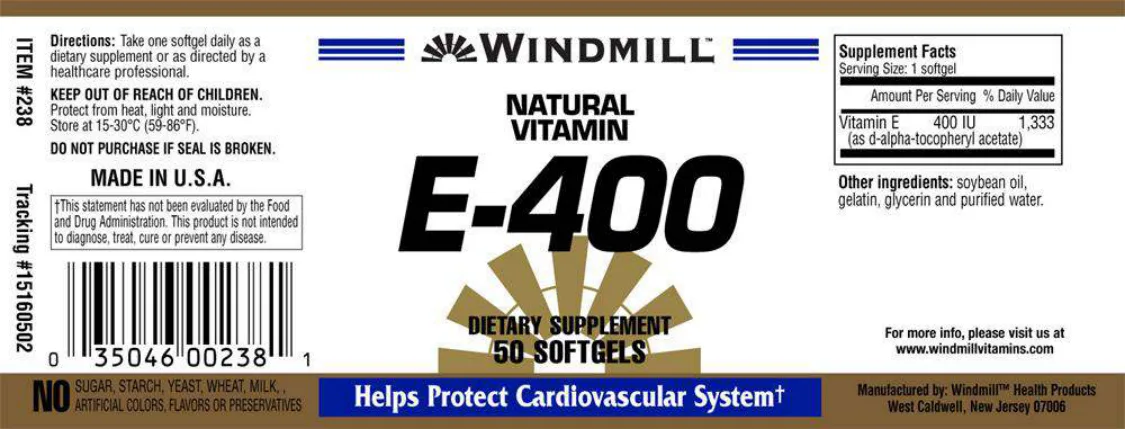 Label for Natural Vitamin E-400