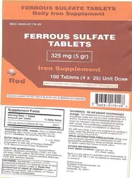 Label for Ferrous Sulfate Tablets 325 mg