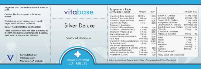 Label for Silver Deluxe Senior Multivitamin