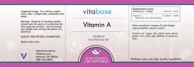 Label for Vitamin A 25,000 IU