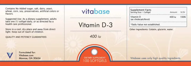 Label for Vitamin D-3 400 IU