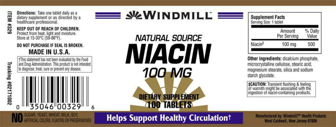 Label for Natural Source Niacin 100 mg