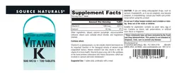 Label for Vitamin K 500 mcg