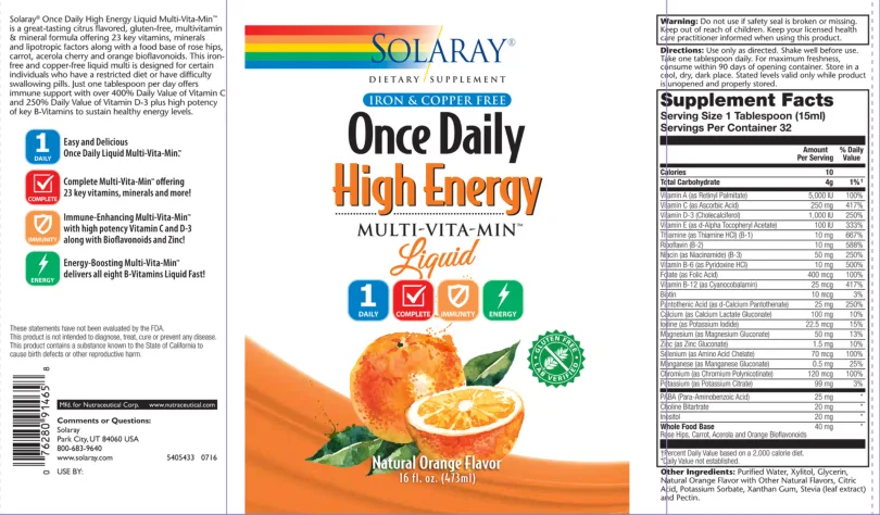 Label for Once Daily High Energy Multi-Vita-Min Liquid Natural Orange Flavor