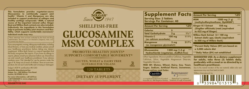 Label for Glucosamine MSM Complex