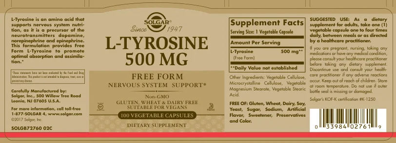 Label for L-Tyrosine 500 mg